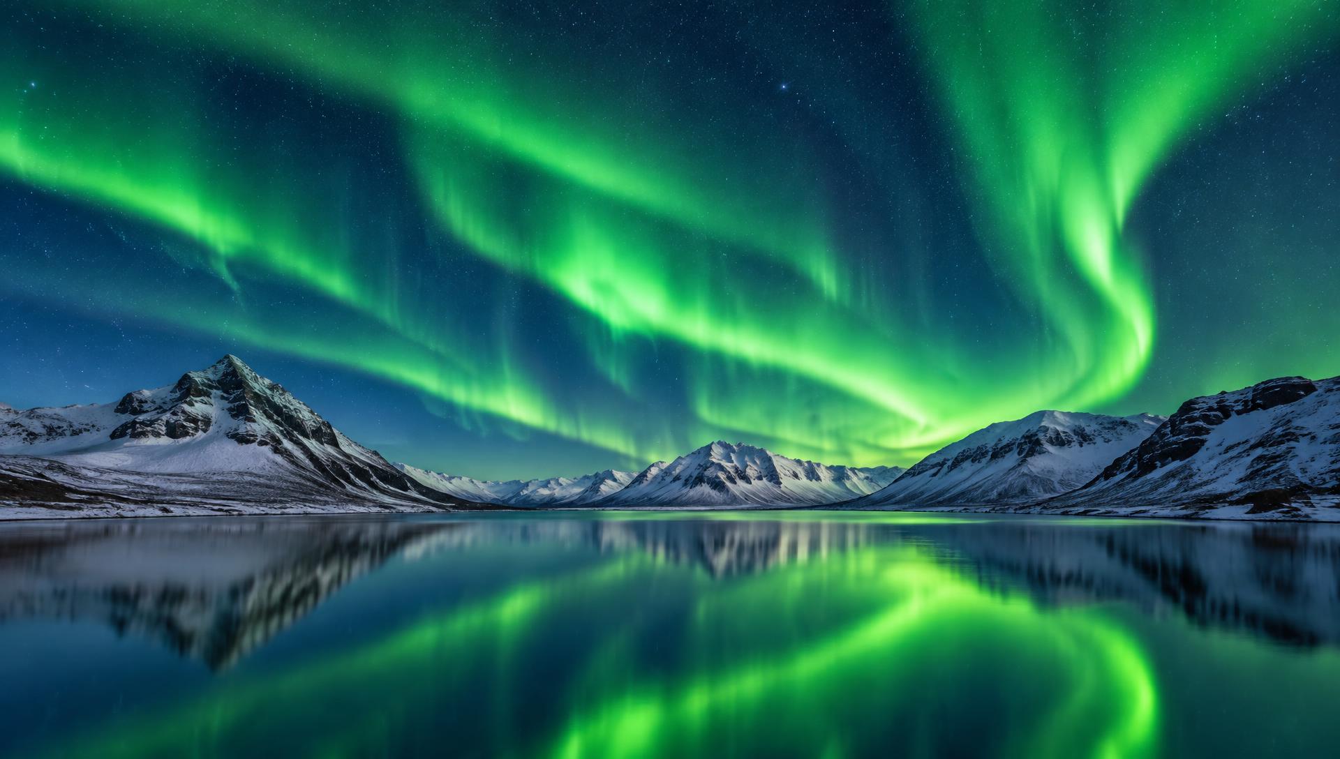 Auroras boreales sobre montañas nevadas y un lago en Islandia